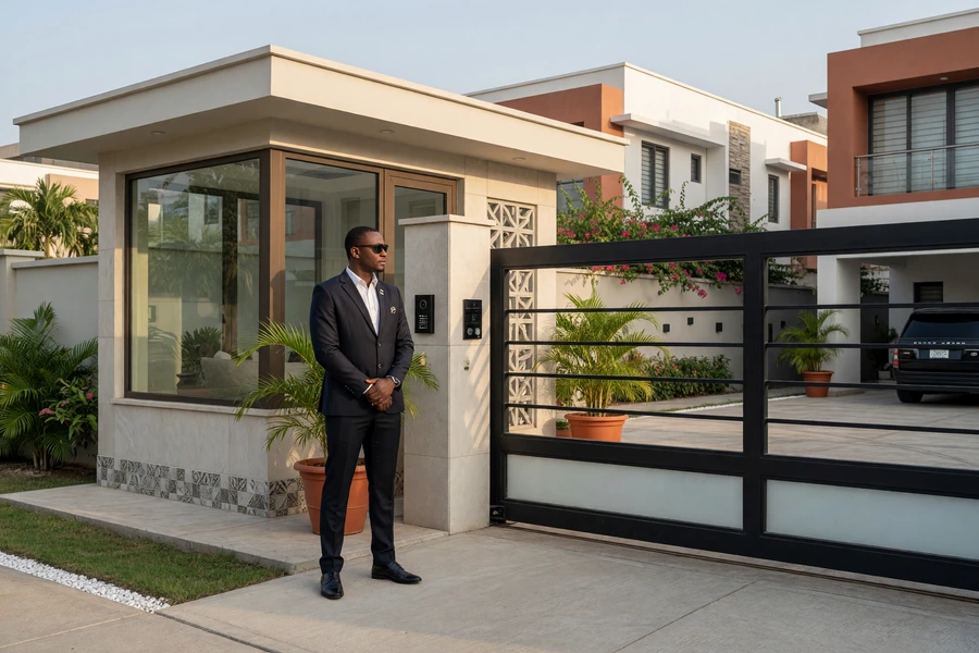 Alert security guard monitoring a private residence entrance